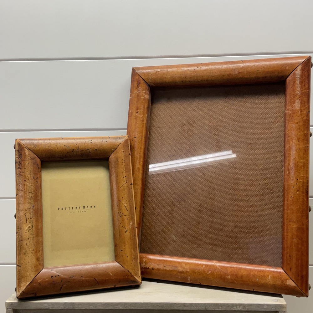 Pottery Barn Distressed Leather Nailhead Picture Frame Set 4x6 and Large Tan